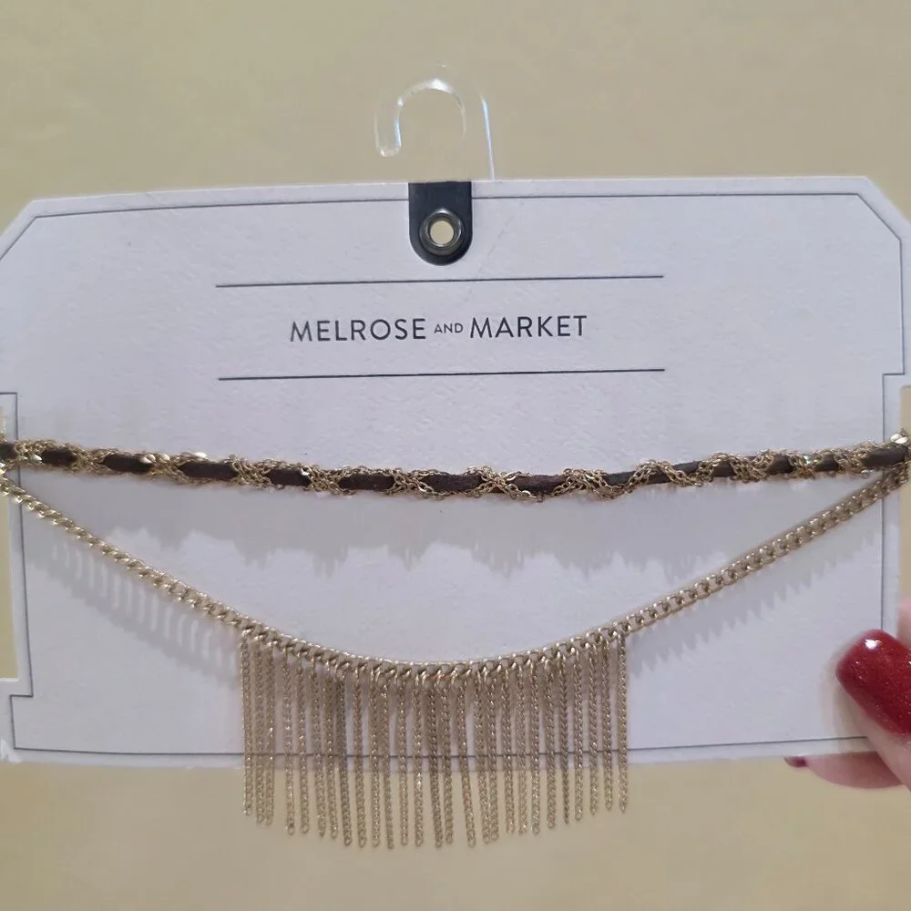 NWT Nordstrom Tribal Boho Festival Gold Chain Leather Choker Fringe Necklace